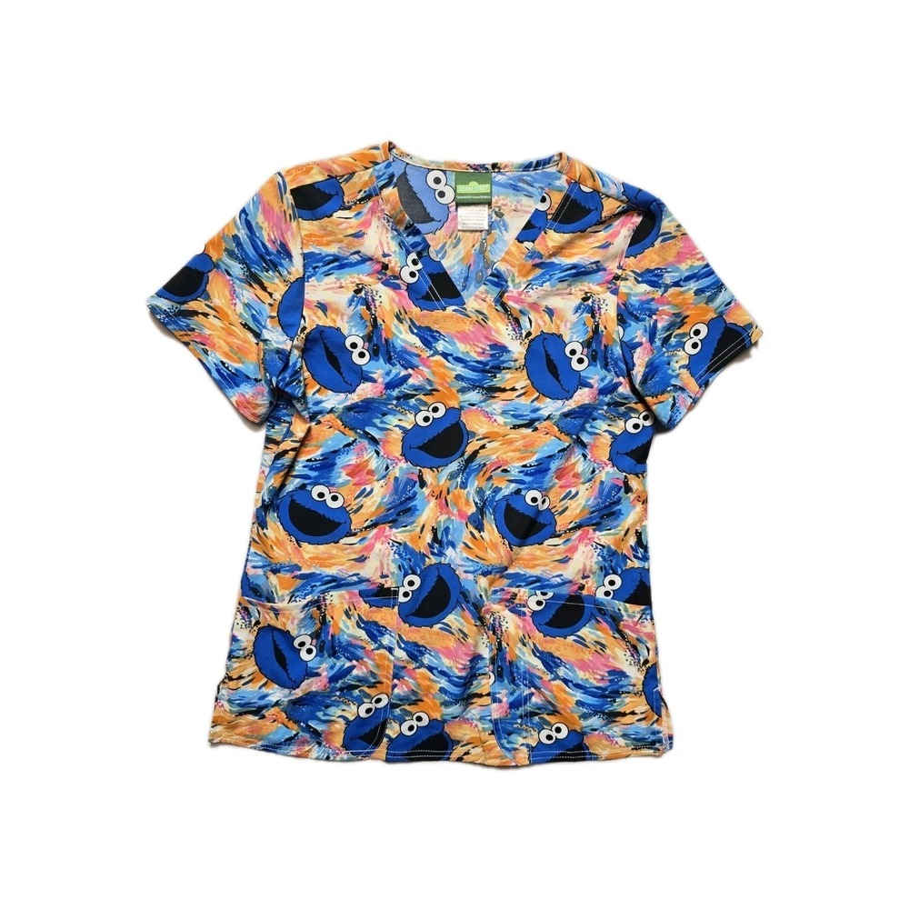 Cookie Monster Cherokee Tooniforms Sesame Street V Neck Scrub Top Small...